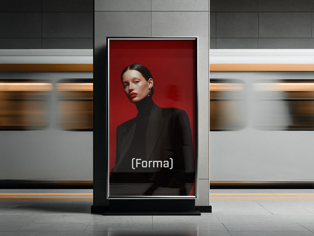 Portrait of woman in black turtleneck on red background in street display