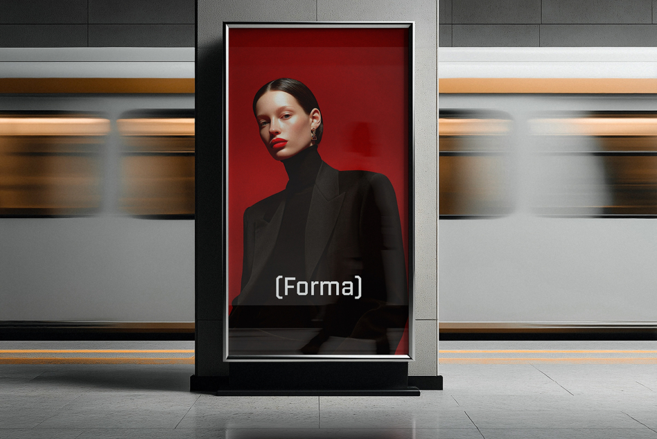 Stylized portrait on red with black clothing displayed in street frame