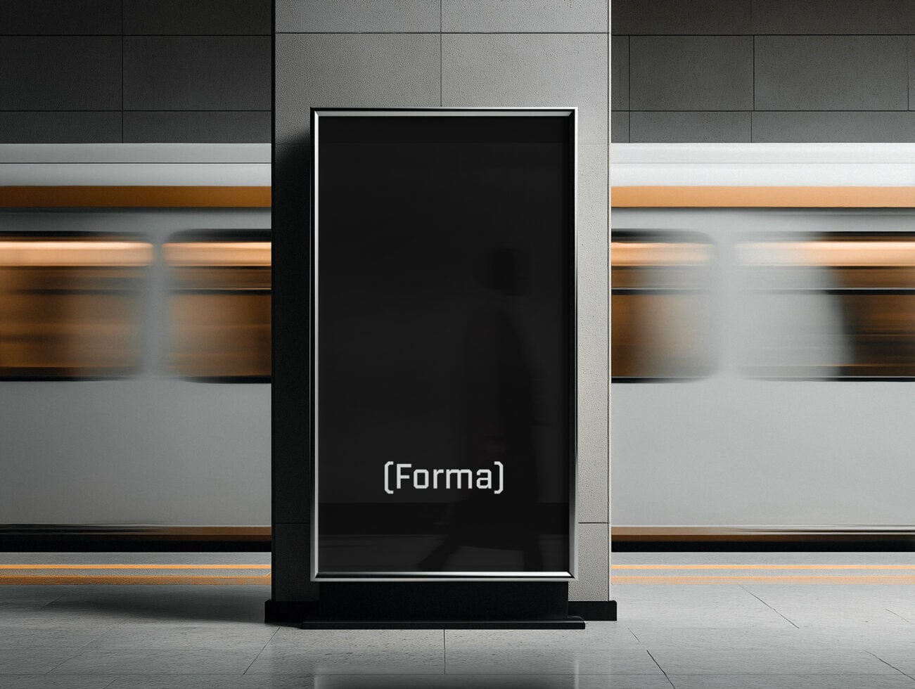 Blank black screen in street-level display with wood accents behind