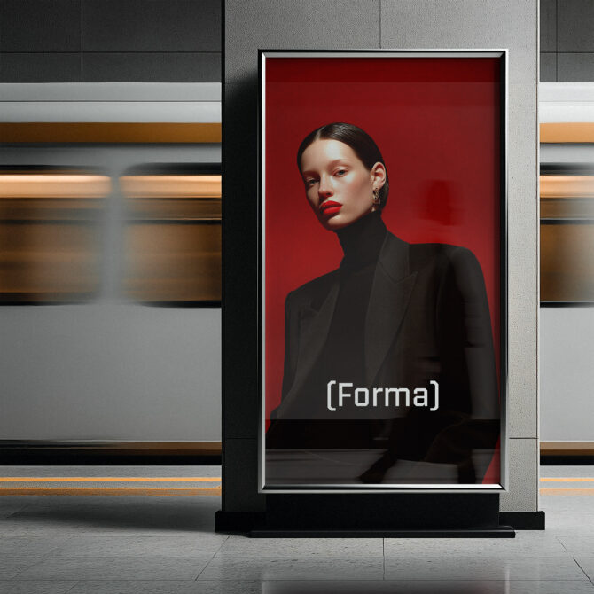 Woman in black blazer on crimson background in modern storefront frame