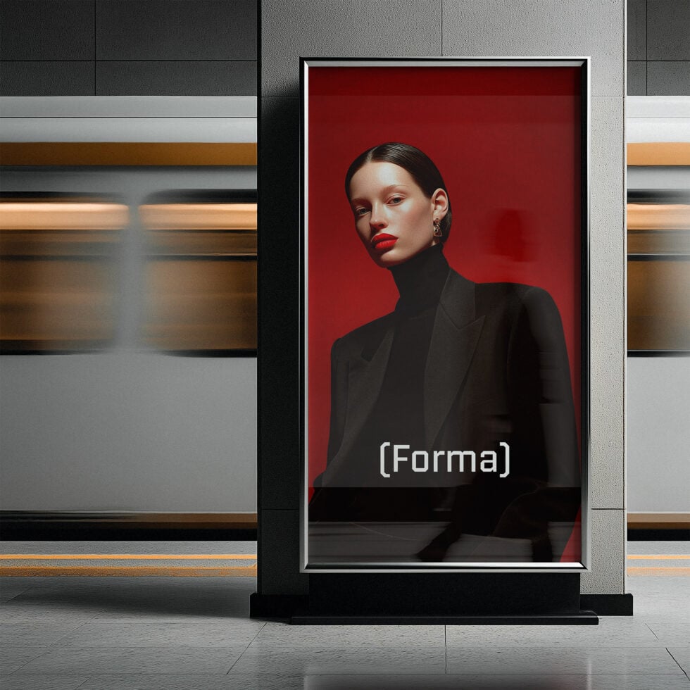 Woman in black blazer on crimson background in modern storefront frame