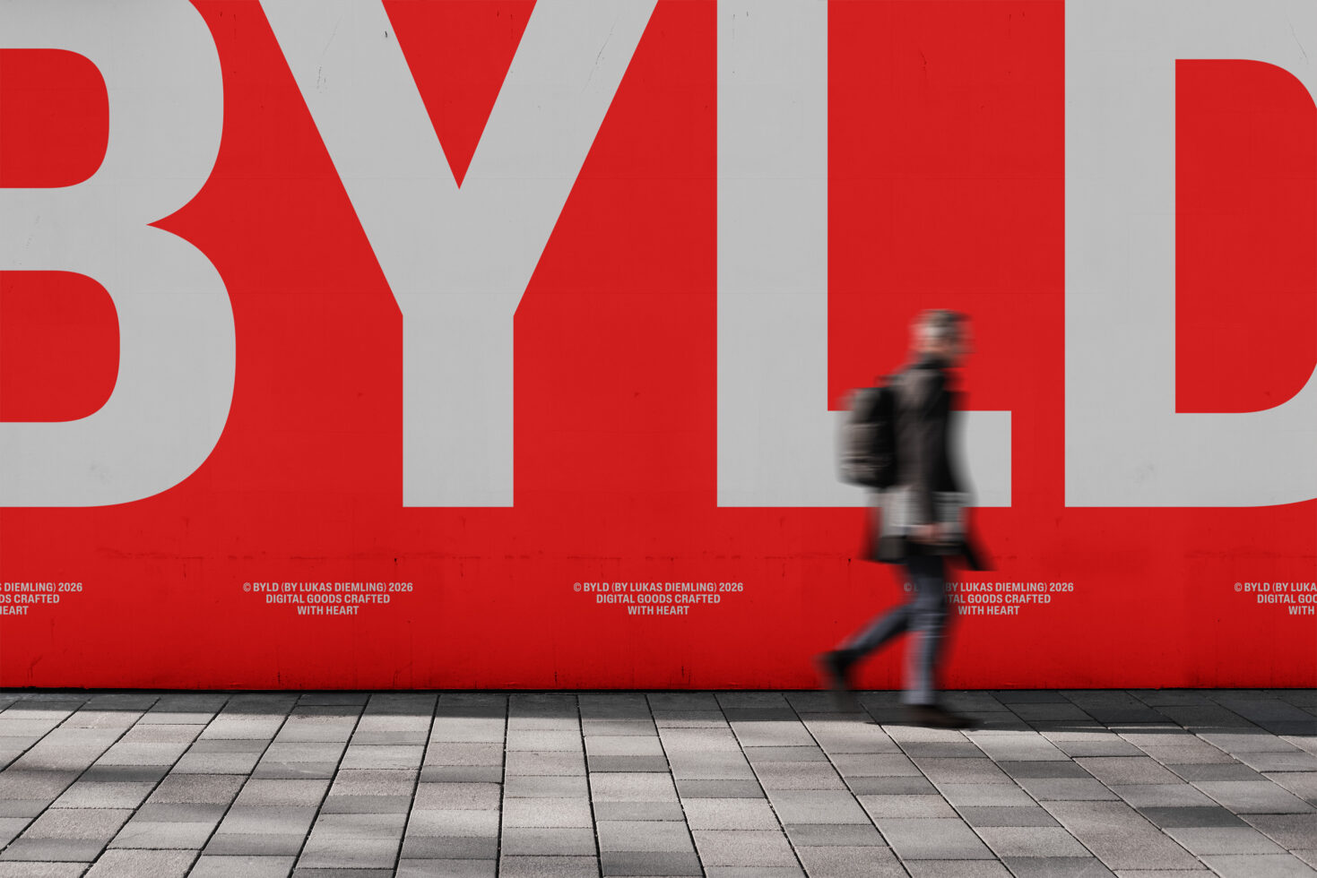 Blurred person jogging past bold red striped billboard design