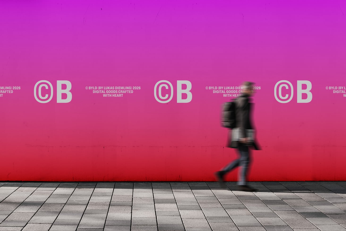 Blurred figure walking past hot pink wall with CB logo repeats