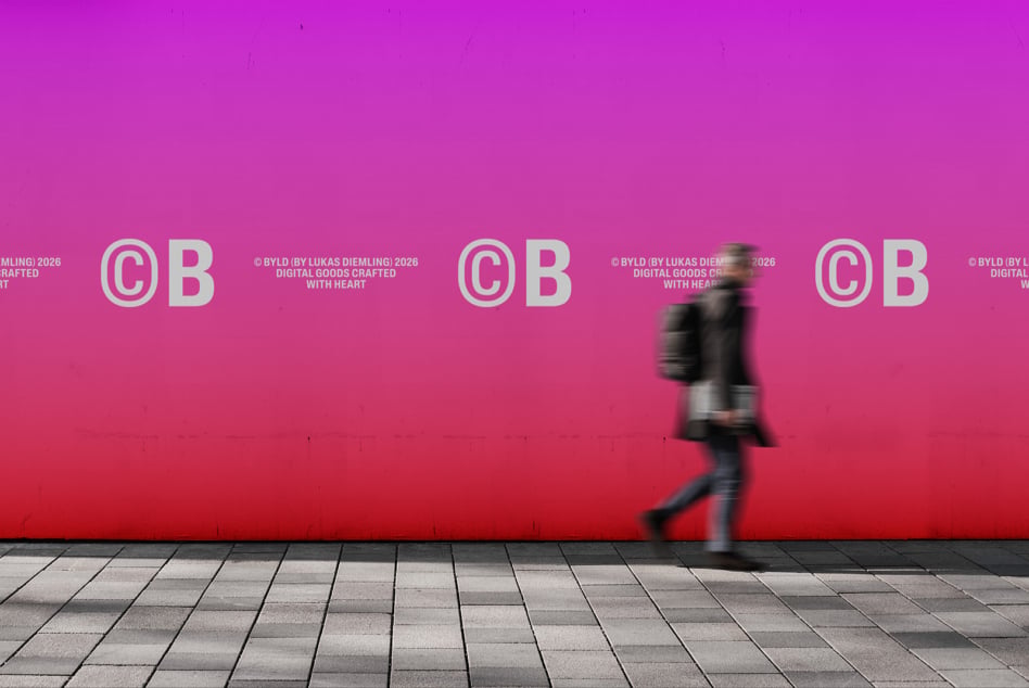 Blurred figure walking past hot pink wall with CB logo repeats