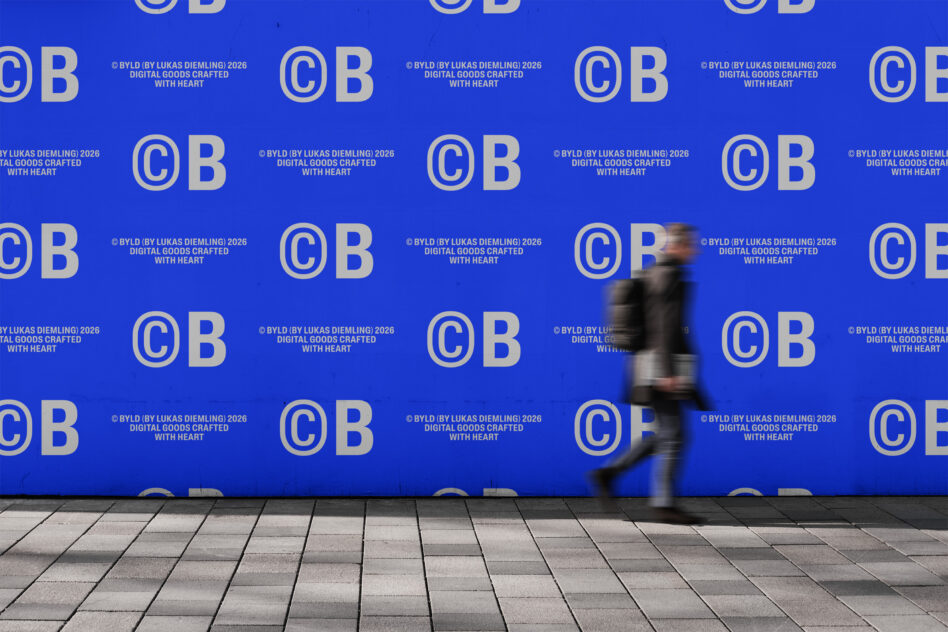 Blurred person passing blue wall with repeating CB logo pattern