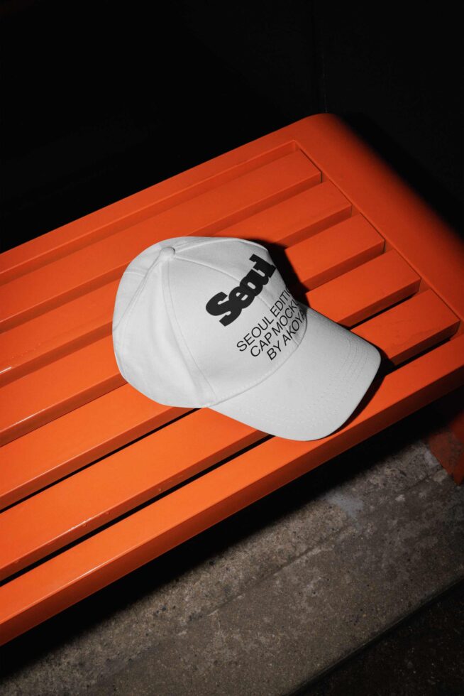 White baseball cap with Seoul text on bright orange louvered background
