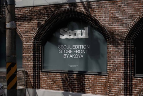 Arched storefront window with visible branding on brick building