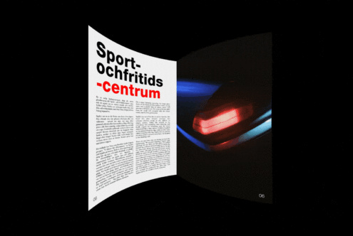 Open magazine spread in dark space with neon glowing colors