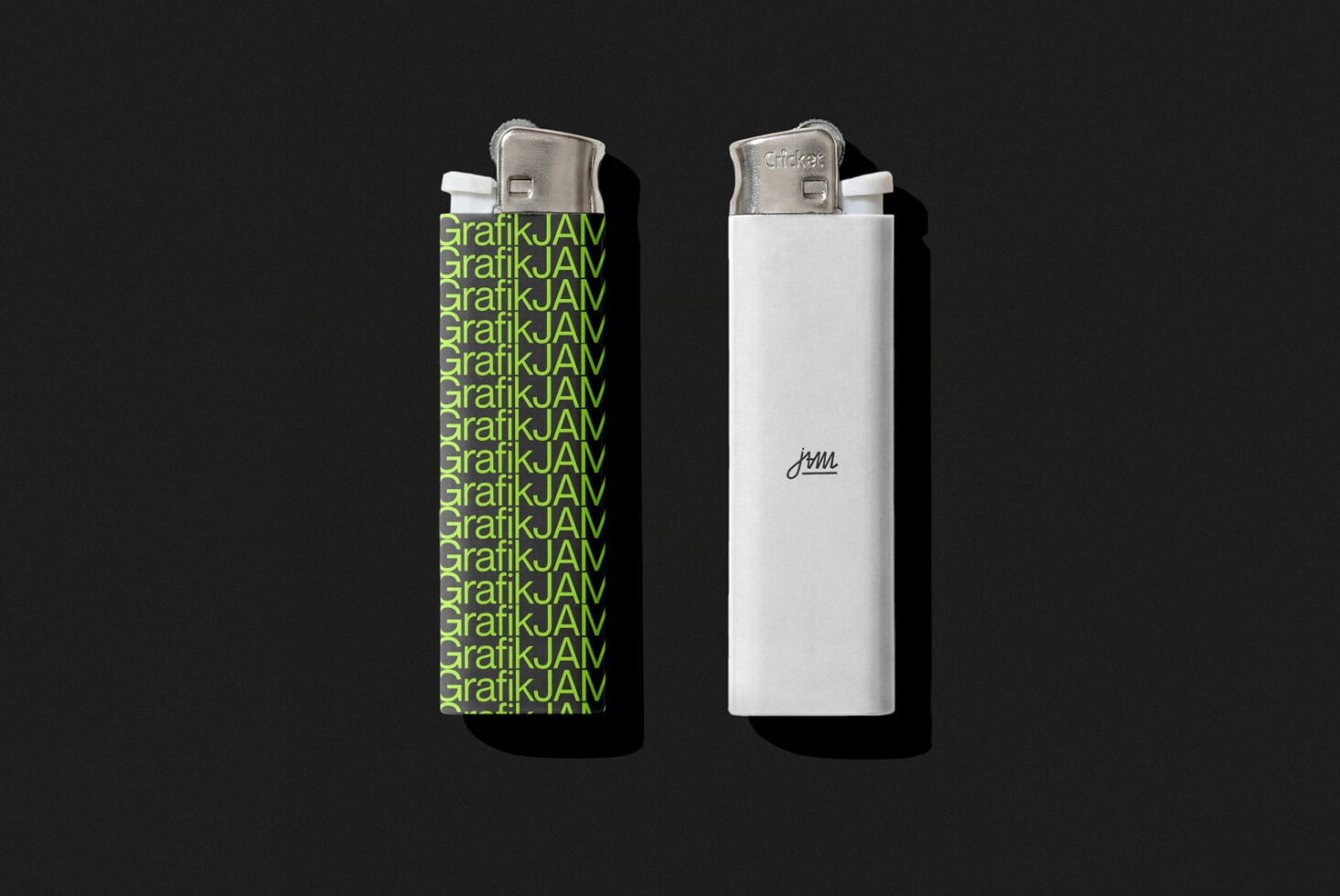 Two lighters side by side with neon green, white wrap designs on dark background