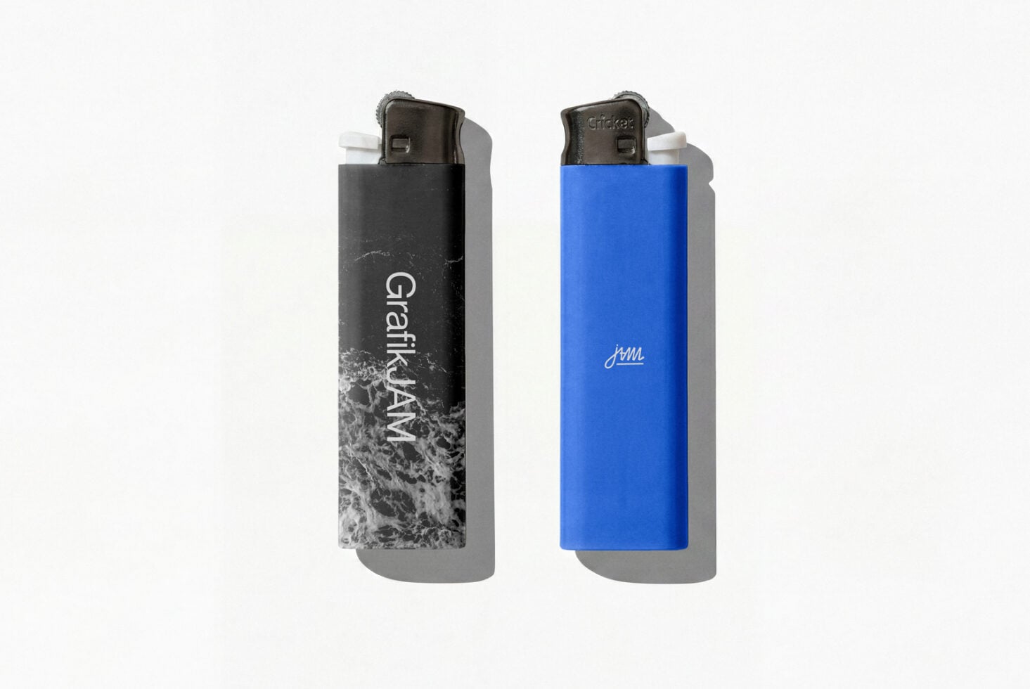 Lighter mockup with black weathered texture on one, vibrant blue on other