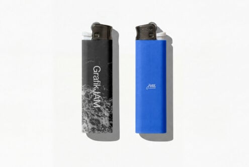 Lighter mockup with black weathered texture on one, vibrant blue on other