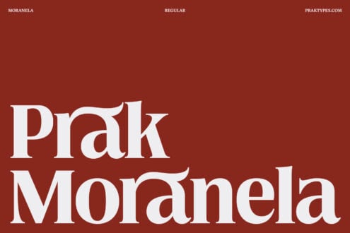 Prak Moranela serif typeface sample text on rust brown background by PrakTypes