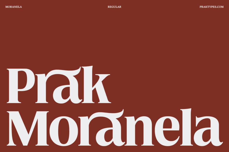 Prak Moranela serif typeface sample text on rust brown background by PrakTypes