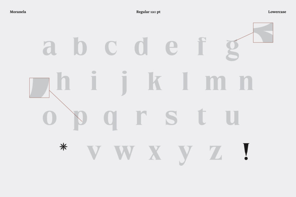 Moranela lowercase alphabet letters a through z in light gray 120pt regular weight
