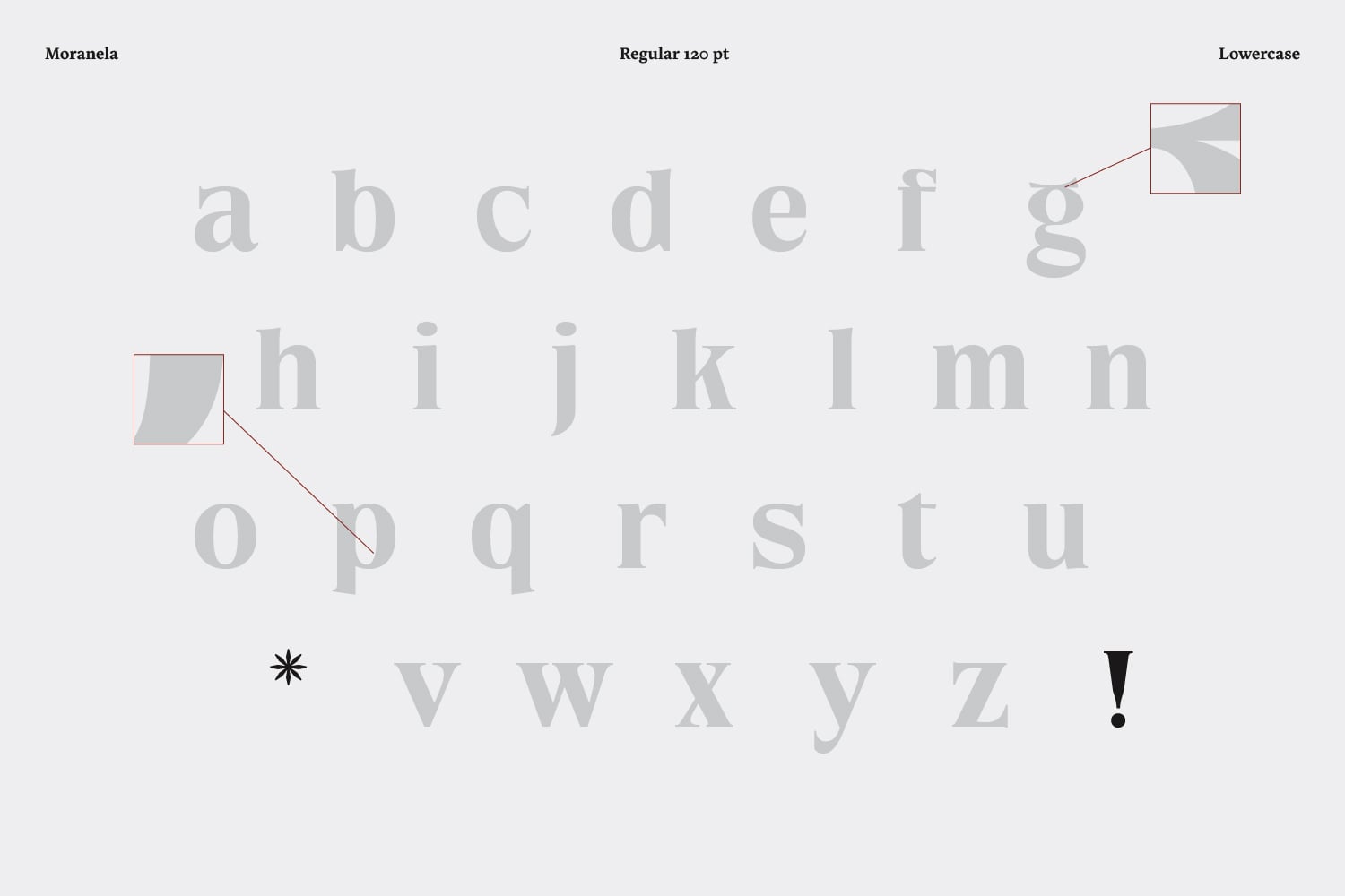 Moranela lowercase alphabet letters a through z in light gray 120pt regular weight