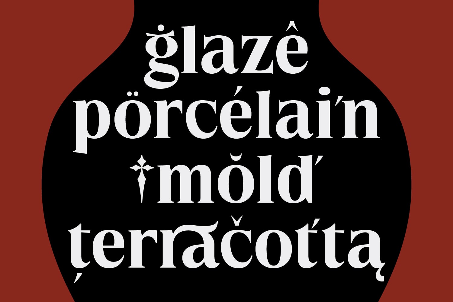 White serif lettering with decorative elements on dark circular shape