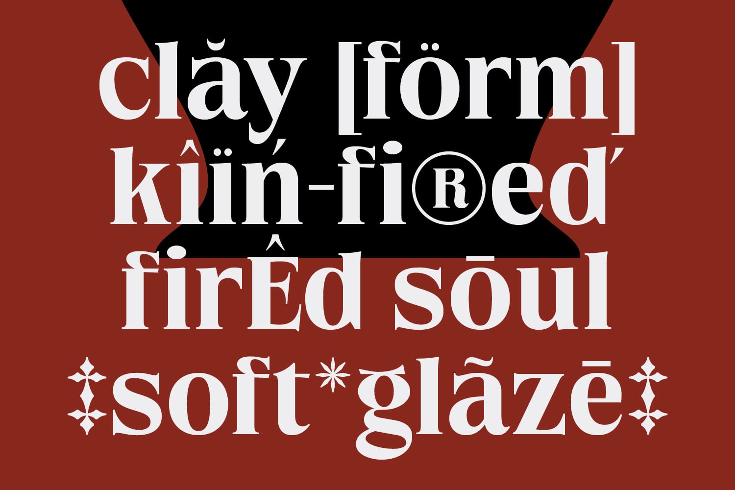 Serif font sample with ornamental details on rust color background