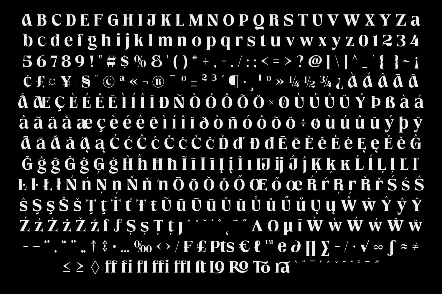 Serif typeface specimen sheet displaying full character set with accents