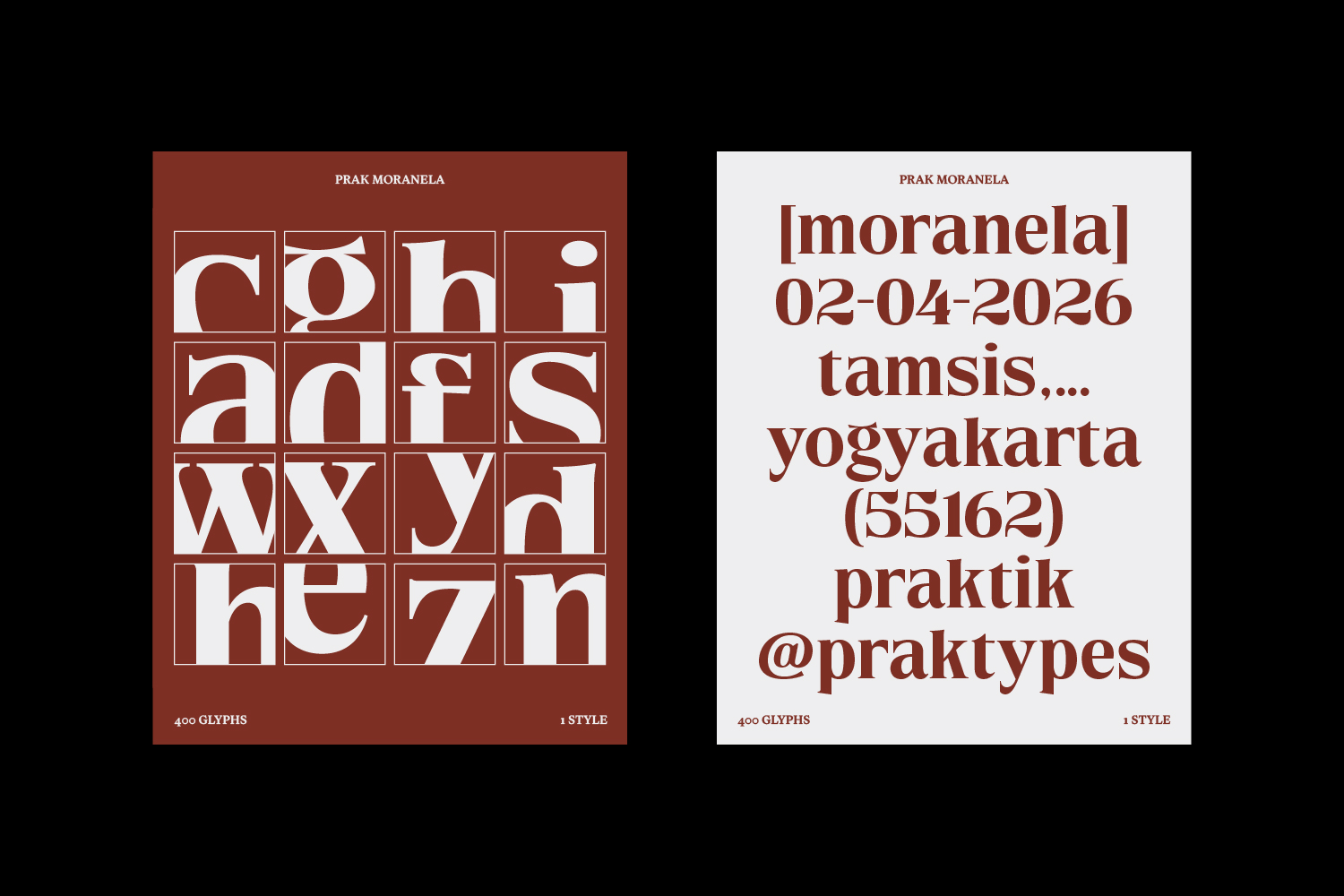 Prak Moranela font specimen with grid layout letters on rust background