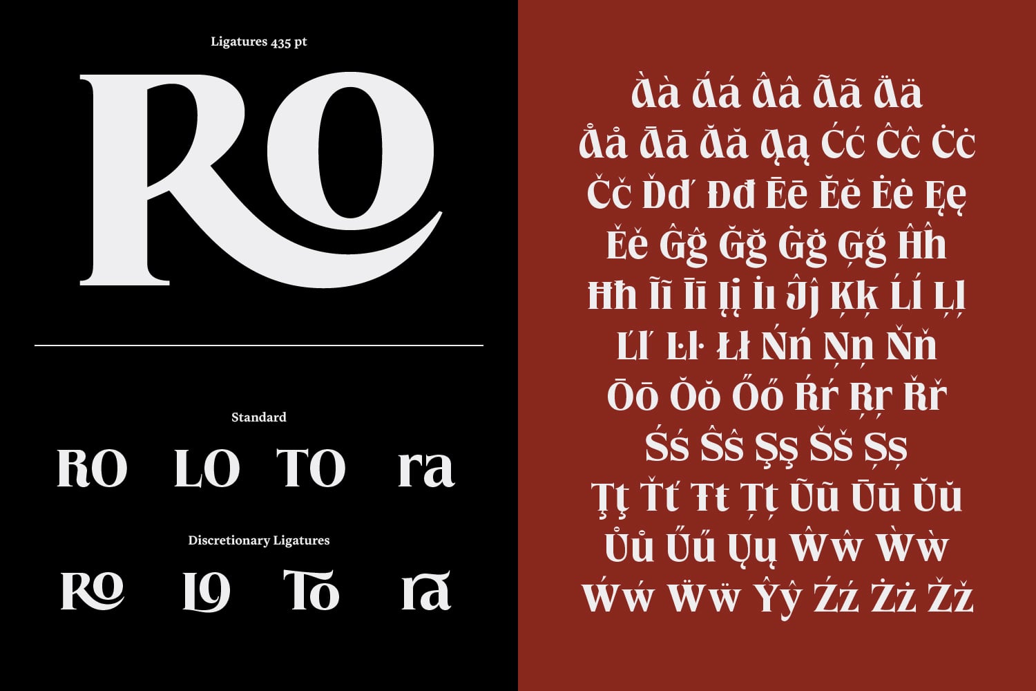 RO serif typeface showing ligatures, accents, with character set display