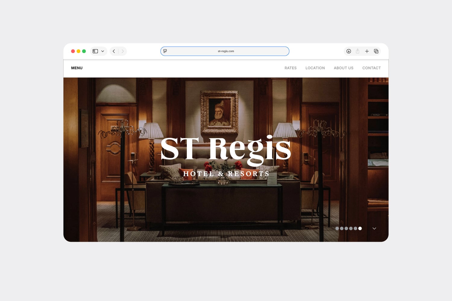 ST Regis Hotel website homepage displayed on browser with luxury lobby photo