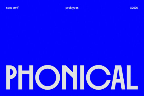 PHONICAL typeface in large cream letters on bright blue background by Praktypes
