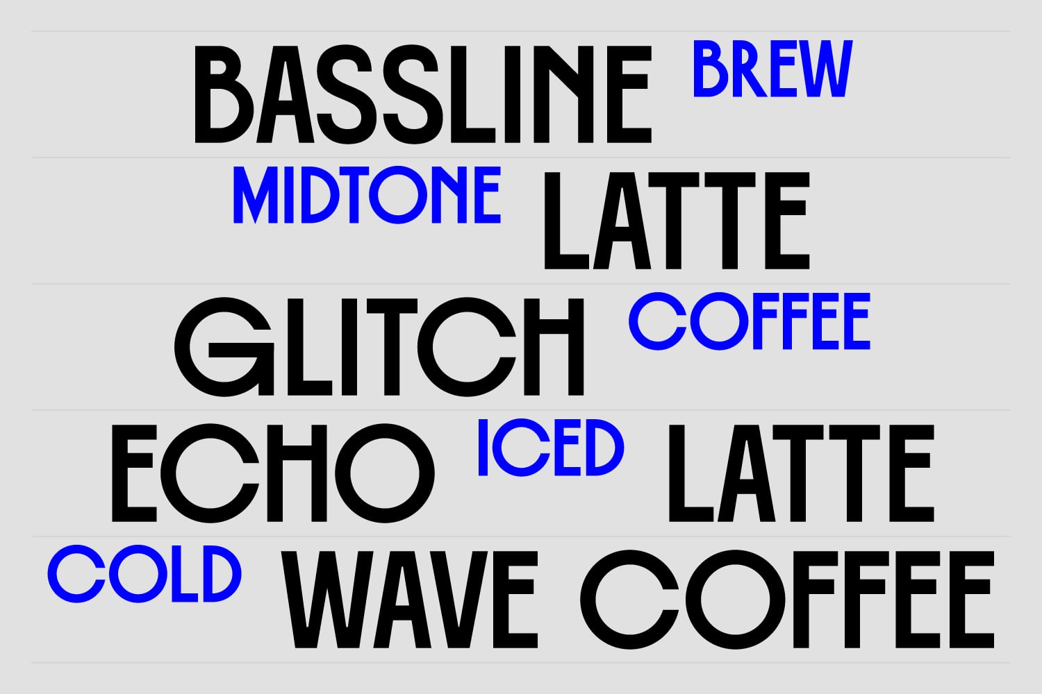 Coffee menu typeface specimen mixing black, blue text showing baseline brew latte echo cold wave