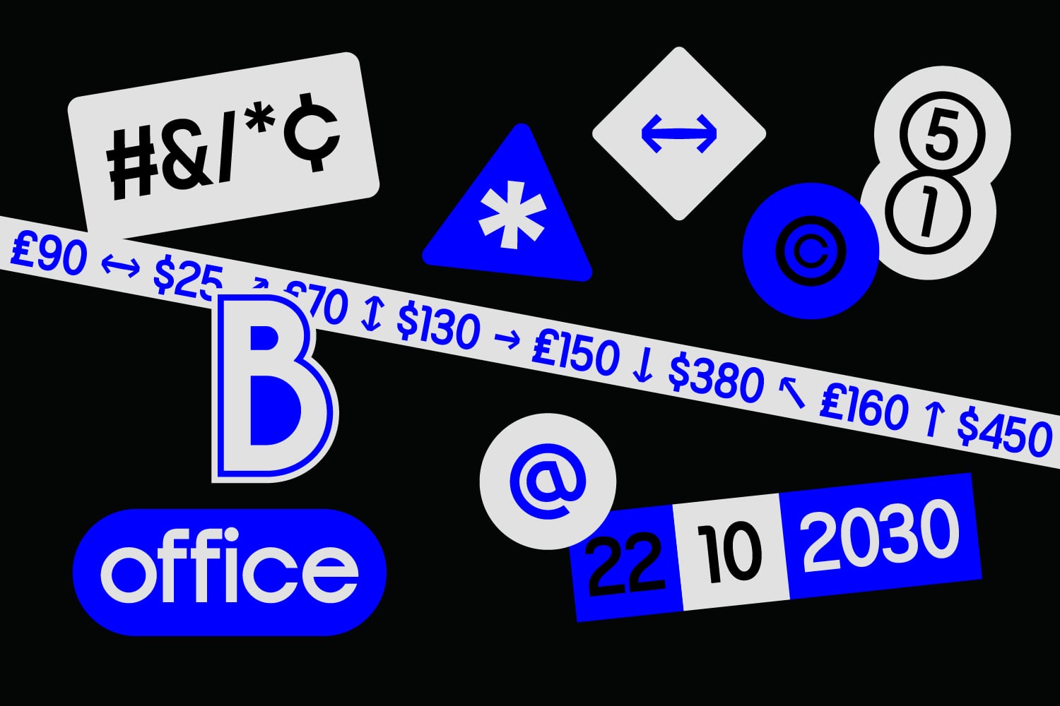 Scattered graphic elements including symbols, currency, arrows, numbers on black background