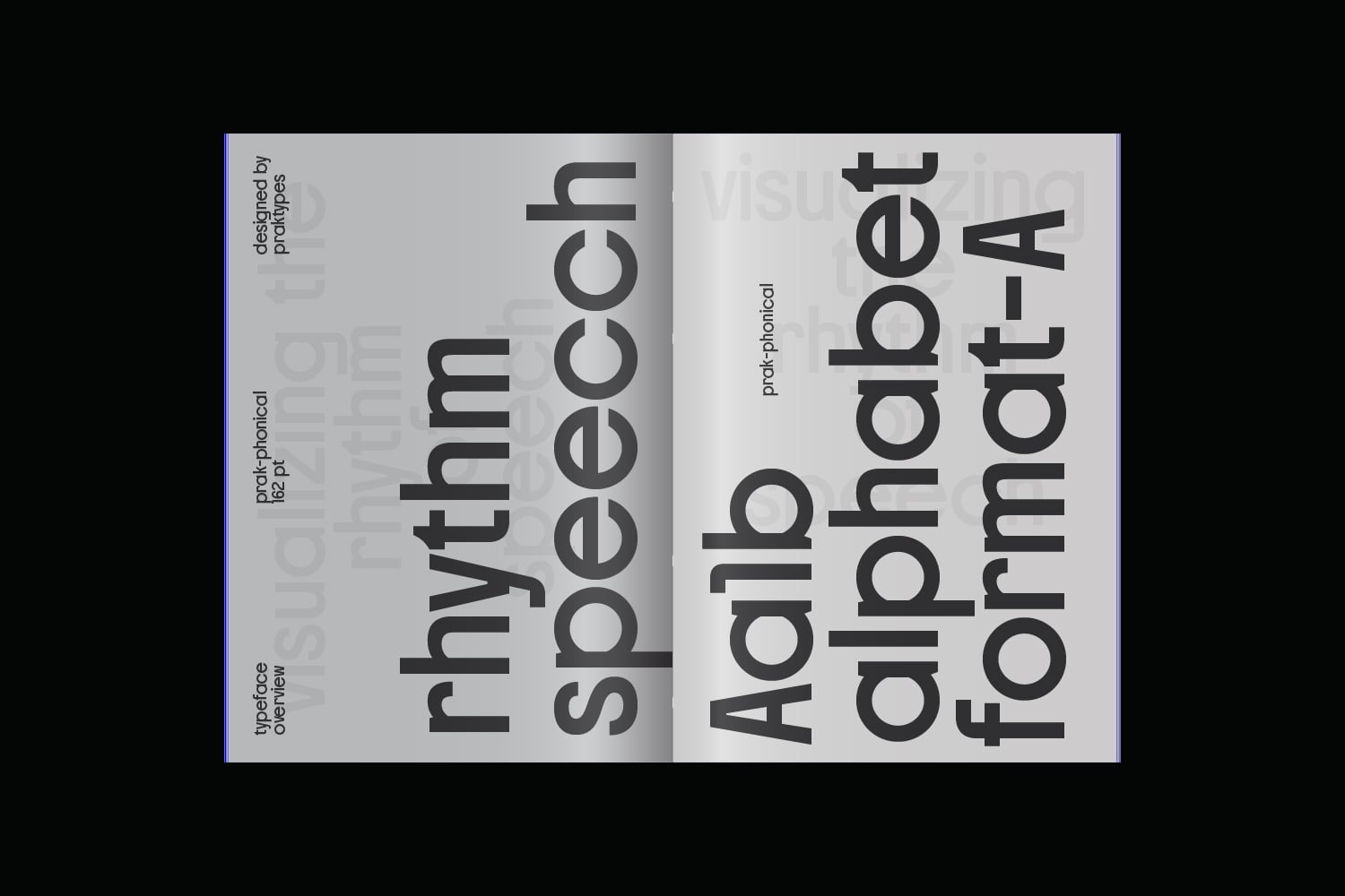 Open book spread showing rhythm specimen typeface with large bold letters