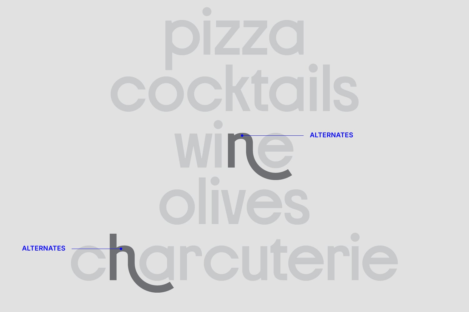 Font alternates showing letter e in different weights overlaid on menu word list