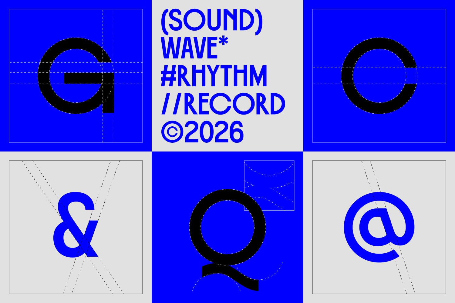 Sound wave rhythm record design mockup with construction grid on blue