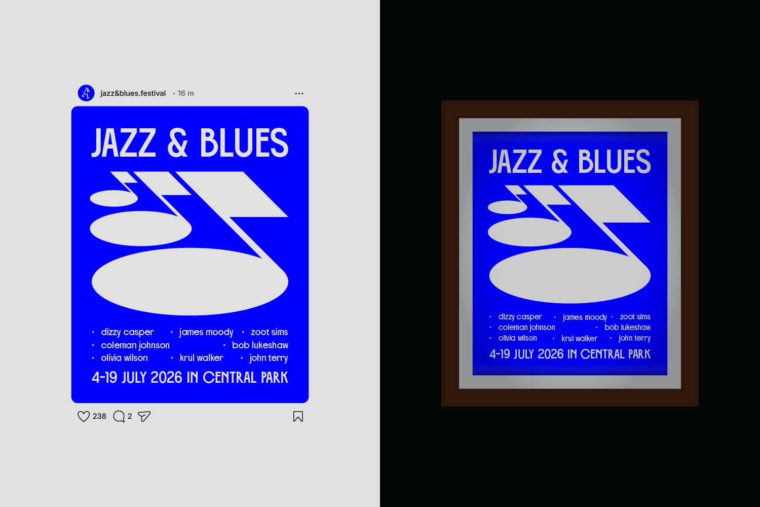 Jazz blues festival poster mockup displayed on social media post plus framed version