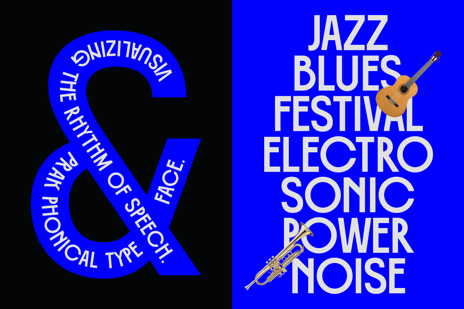 Bold blue ampersand symbol with text, next to music festival poster with guitar
