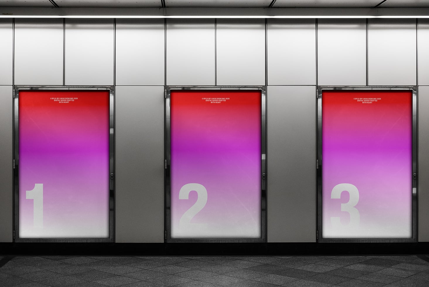 Hot pink to red gradient poster trio lit up in modern transit corridor