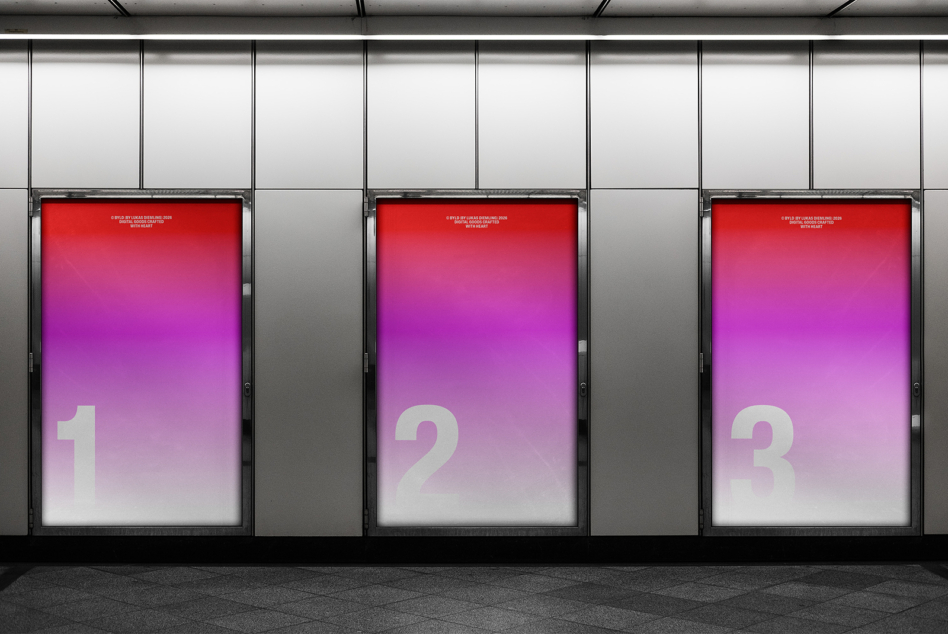 Hot pink to red gradient poster trio lit up in modern transit corridor