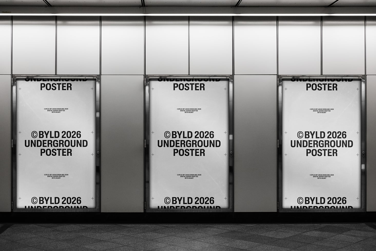 White poster mockups with black text repeated across three light boxes in station