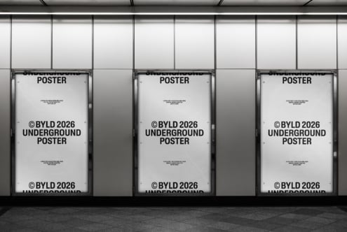 White poster mockups with black text repeated across three light boxes in station