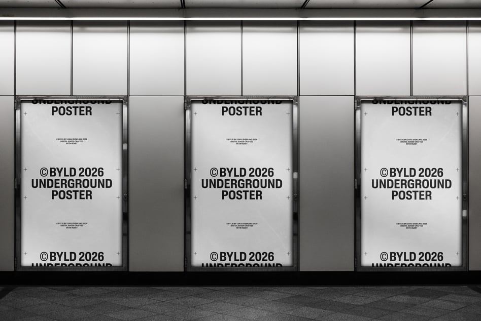 White poster mockups with black text repeated across three light boxes in station