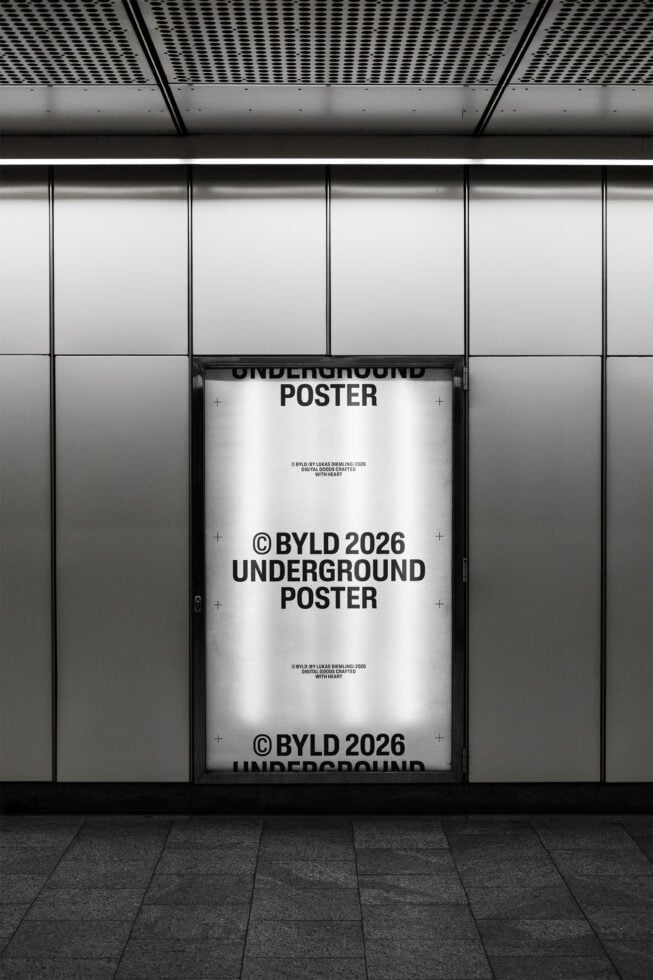 Underground station light box with white poster mockup stacked layout