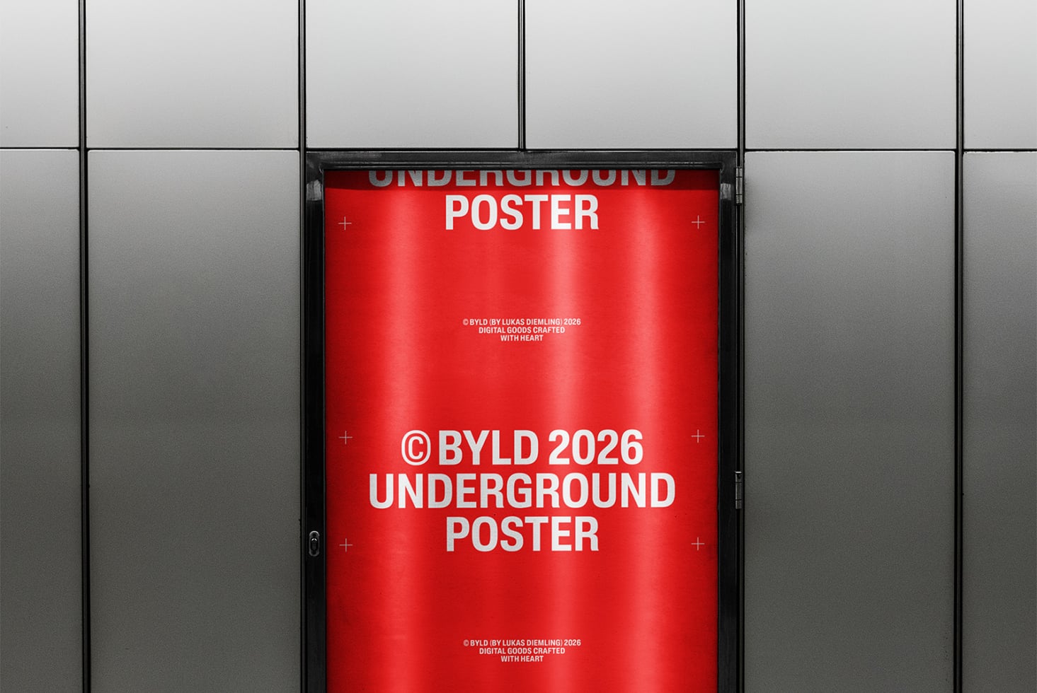 Red neon poster mockup in modern subway corridor with clean grid tiled walls