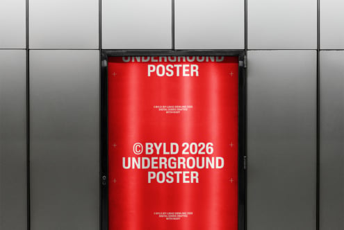 Red neon poster mockup in modern subway corridor with clean grid tiled walls
