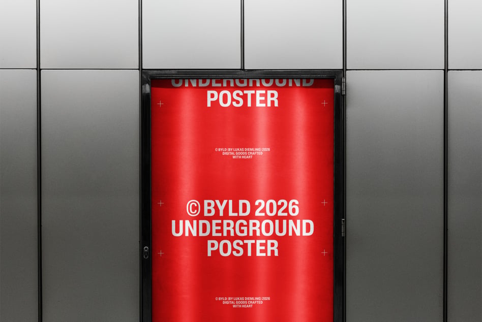 Red neon poster mockup in modern subway corridor with clean grid tiled walls