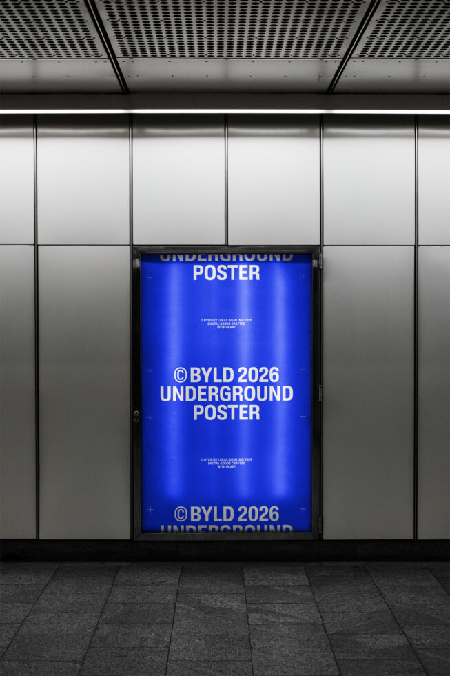 Subway station light box displaying bright blue underground poster mockup