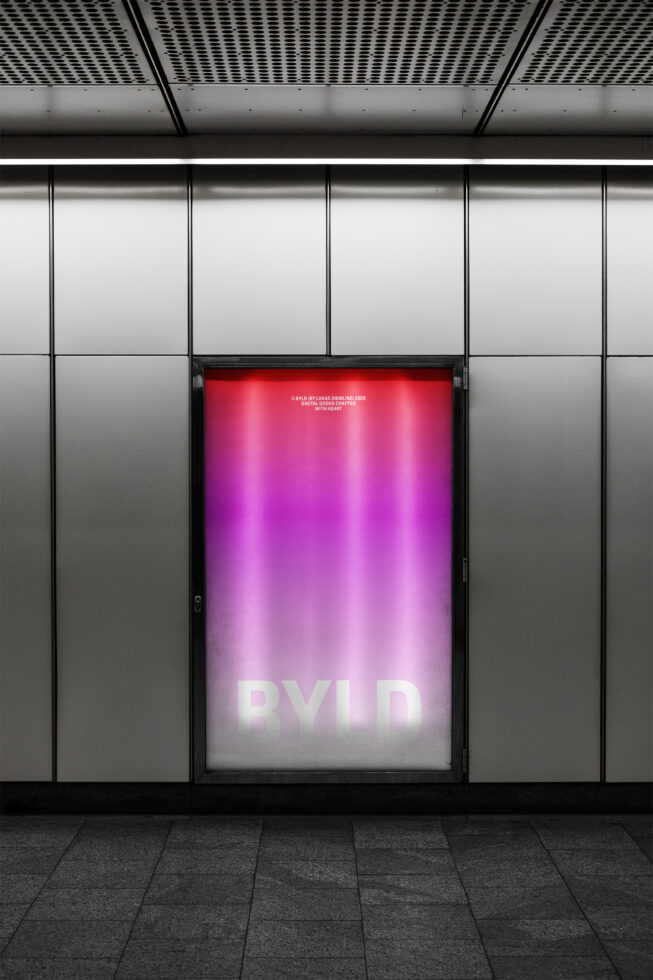 Station display with pink magenta gradient poster mockup on black screen