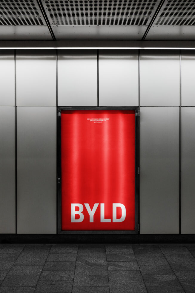 Underground station poster mockup glowing red on white display frame