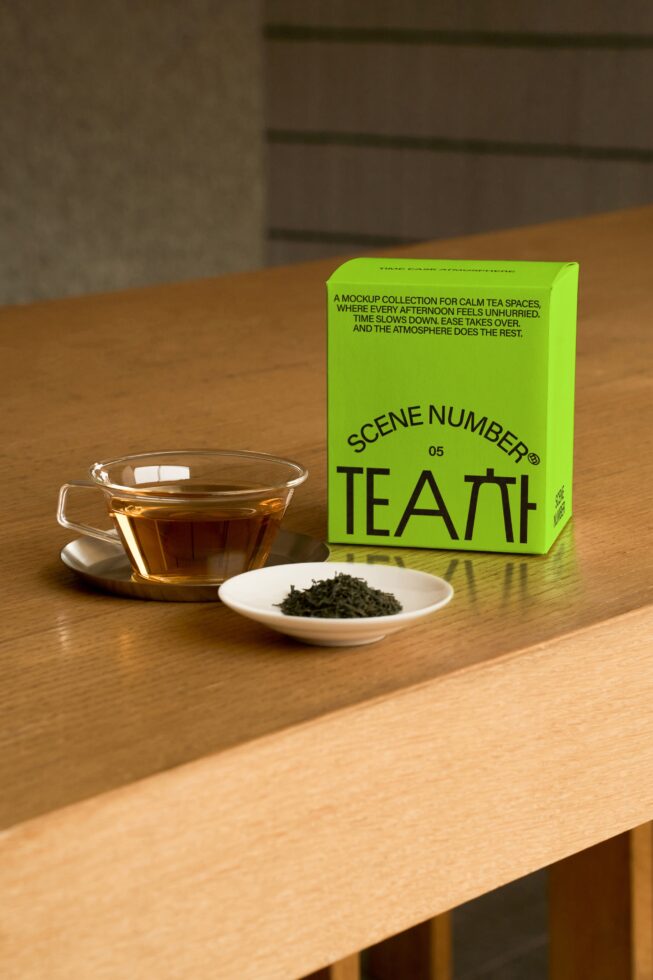 Bright lime green tea box mockup with cup of brewed tea plus loose leaves on wooden table