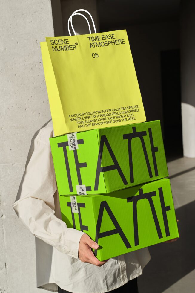 Person in cream jacket carrying bright neon boxes with black tea typography mockup design
