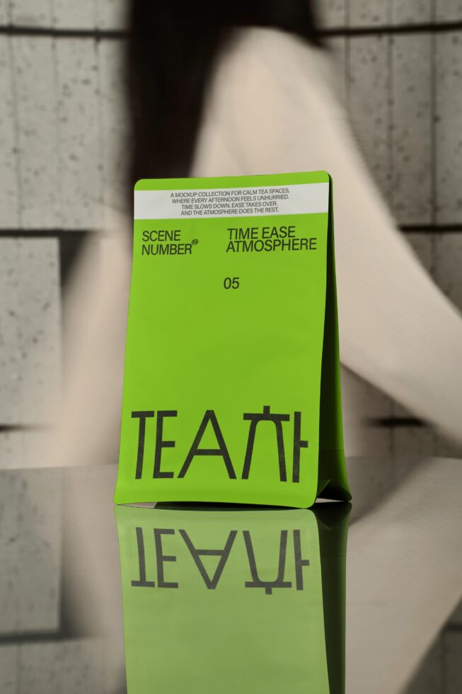 Bright green tall tea box mockup photographed from front with sunlight shadow