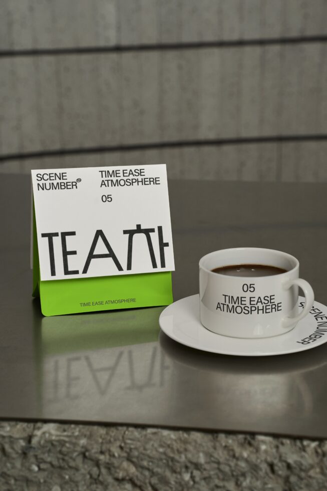 Lime green tea box mockup standing next to white mug on grey surface