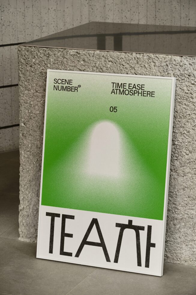 Minimalist poster with lime gradient, Scene Number branding, sitting on concrete